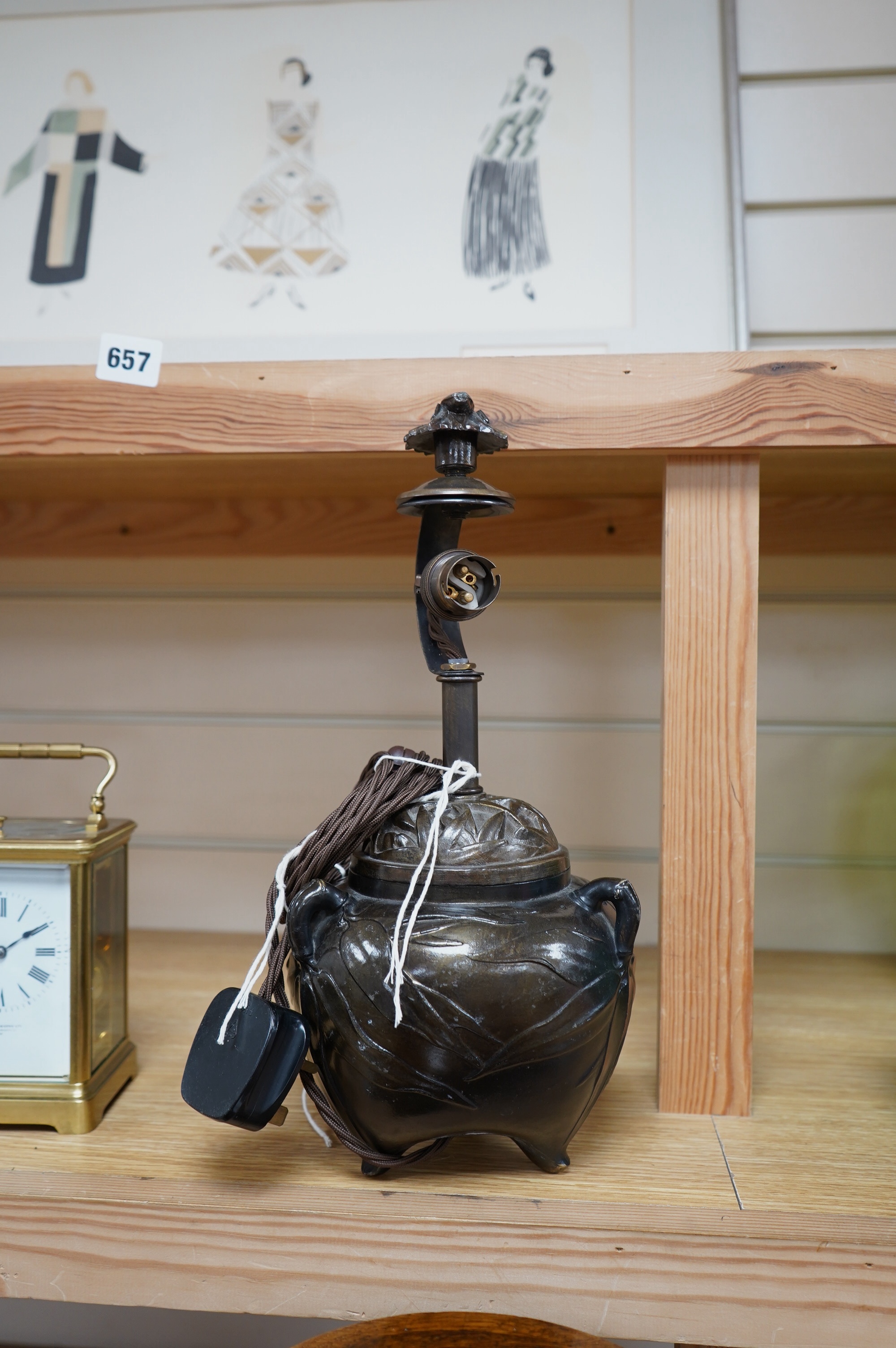 A Japanese bronze table lamp with white with green edge shade, wired, overall 33cm high, Condition - minor scuffing to the lacquer finish, in good condition, not tested